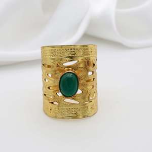 Boho Filigree <b>Ring</b> Bohemian <b>Brass</b> <b>Rings</b> Women 18k Gold Plated Tribal Green Onyx Jewelry - Product Image 5