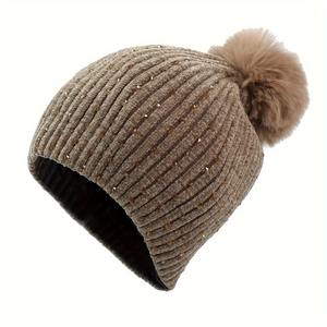 Women Winter Fashion Hat Pompom <b>Balls</b> Cap Pearls Rhinestones Knitted <b>Wool</b> Beanie Casual Outdoor Warm Female Skullies Hats - Product Image 1