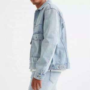 Veste en jean pour homme à col montant, logo personnalisé imprimé sur le devant, coupe-vent, décontractée, pour l'hiver - Product Image 4