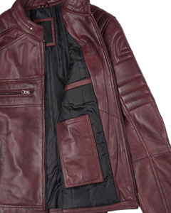 Blouson aviateur d'hiver en cuir coupe ajustée pour hommes avec col montant et fermeture éclair asymétrique pour motos avec logo à l'avant - Product Image 4