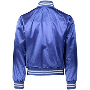 Men's Blue Satin Varsity <b>Jacket</b> Regular Fit HIGH STREET Style Stand Collar Button Closure Windproof Embroidered Autumn Wear - Product Image 3