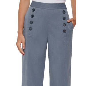 Pantaloni da donna DKNY a vita alta, a gamba larga, con bottoni frontali, stile marinario, blu, taglia 18, traspiranti, in tessuto, alla moda, con effetto stropicciato - Product Image 2