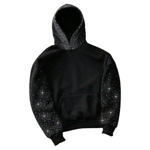 Sweat à capuche noir avec strass pour homme, streetwear, capuche et manches cloutées de cristaux, 500GSM, surdimensionné, logo personnalisé, sweat à capuche d'hiver - Product Image 1