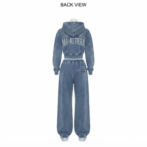 Women <b>Cropped</b> <b>Zip</b> <b>Up</b> <b>Hoodie</b> and Wide Leg Sweatpants Two Piece Acid Wash Rhinestone Tracksuit Set - Product Image 3
