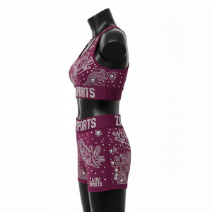 Ensemble shorty femme en polyester élasthanne 220 GSM de qualité supérieure, couleur bordeaux, avec logo personnalisé en strass thermocollé, ensemble shorty femme en coton - Product Image 3