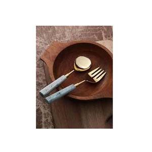 <b>Gold</b> Mirror Polished Salad Server Spoon & Fork Set Wedding Table Decor Spoon Salad Server Long Round Grey Resin Design Handle - Product Image 1