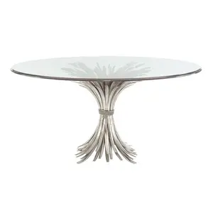 High Quality Centre Coffee Table Metal Iron Silver Antique Finished Top Tapered Glass Round Shaped Coffee Table with Metal Base