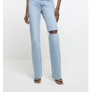 Jeans de mezclilla para mujer, estilo urbano, de pierna ancha, rectos, retro, de corte regular, rasgados, transpirables, lavados, servicio OEM - Product Image 1