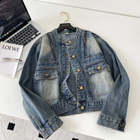 Veste en jean tricotée boutonnée pour femme, courte, élégante, décontractée, style streetwear, doublure en coton écologique, détails rayés, effet bouffant