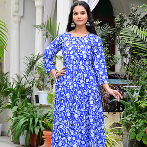 Robe mi-mollet décontractée ethnique pour femme, en coton 100% tissé, imprimé géométrique bleu, écologique, avec boutons - Product Image 1