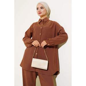 Ensemble 2 pièces en lin boutonné doré Marron - Product Image 2