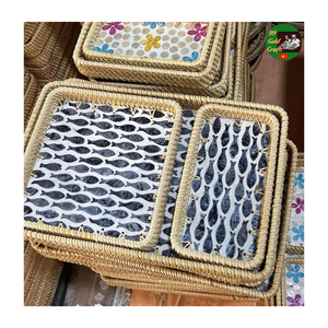 Plateau de service en mosaïque de rotin tissé à la main, mosaïque de nacre mélangée, plateau en rotin naturel pour la décoration de l'hôtel et de la maison - Product Image 2