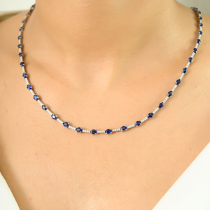 Haute Qualité Forme Ovale Bleu Saphir & Rond Coupe Diamant Tennis Collier ODM En Gros Bijoux Réel K14 Or Blanc - Product Image 6