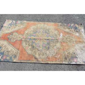 Alfombra clásica de retazos naranja y azul de 3,6x6,7 pies, alfombra de lana viscosa turca para sala de estar, forma de pasillo rectangular con respaldo de látex - Product Image 3