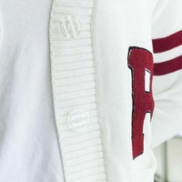 Cardigan d'hiver à manches longues avec broderie et patchs, rayé, décontracté, ample, col en V, boutonné, en tricot, respirant, en laine
