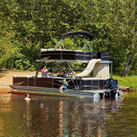 Bateau ponton à double pont à vendre, idéal pour la pêche en famille, le divertissement, avec sièges, mobilier, bimini et moteur hors-bord, parfait pour les excursions sur le lac.