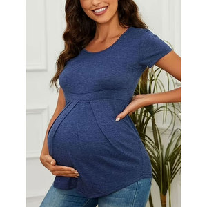 Top de maternidad de manga corta azul marino para mujer Camisa de embarazo sexy y de moda con pliegues con volantes Estilo de tanque suave - Product Image 1