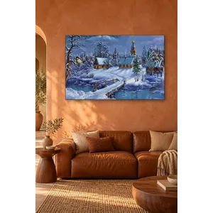 Impresión en lienzo de la aldea nevada de Fida con iglesia con cúpula y puente de madera - Product Image 2