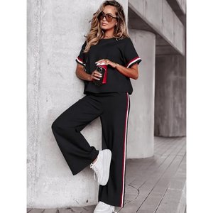 Conjunto de Dos Piezas para Mujer, Blusa de Manga Corta con Cuello Redondo y Pantalones de Viscosa Acanalada de Dos Hilos, 36542 - Negro - Product Image 1