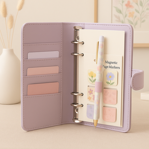 LABON Lavender Floral PU Leather Debossed Flowers Budget Organizer A6 Planner Magnetic <strong>Binder</strong> Set Markers Coordinated <strong>Stickers</strong> - Product Image 5