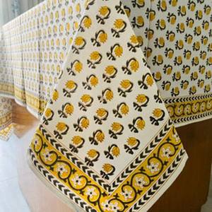 Mantel Amarillo Vintage con Estampado de Palmeras y Borde Verde a Rayas, Mantel Estampado a Mano con Bloques de Tinta India - Product Image 4