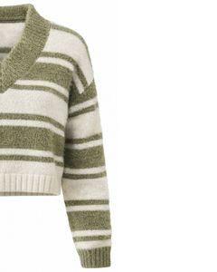 Customized Green Striped Women V Neck Crop Sweater Soft Knit Long Sleeve Winter Casual Fashion Pullover Jumper For Wholesale - Product Image 3
