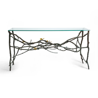Table console de luxe en laiton design feuille de ginkgo papillon avec dessus en verre mobilier de maison artistique fait à la main