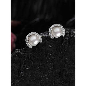 NOVAMART Fine 925 Sterling Silver Real Pearl Stud Riko <b>Earrings</b> Rhodium Plated for Swiss Zirconia Screw <b>Back</b> Design Gift Women G - Product Image 2