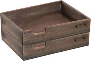 Lot de 2 bacs à lettres empilables en bois brun finition vieilli vintage pour bureau, lime à papier en bois - Product Image 3