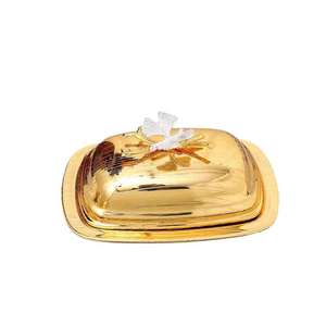 High Grade Gold Plated Premium Quality Metal Butter Dish With White Color Powder Coated <b>Butterfly</b> Design <b>Top</b> Lid - Product Image 1