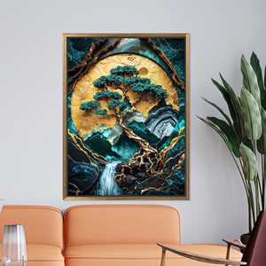 Golden Moon Bonsai Canvas Wall Art: Mystical Nature Landscape Print,Gold <b>Framed</b> - Product Image 1