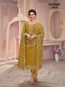Ropa étnica india Hermoso diseño Georgette con bordado de secuencia Trabajo Kurti Pant y Dupatta Set de India - Product Image 5