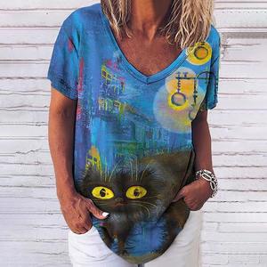 Chemise 3DT pour femmes 3d Fashion Cat Print V Neck Short Sleeve Basic Tops Streetwear Summer Casual Oversized Female Clothing 2025 - Product Image 2