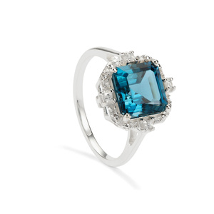 Marambaia <b>London</b> Blue Topaz 4.71 Cts Step Cut Ring 14 Mm X 14 Mm With White Zircon Prong Set Sterling Silver Party Wear Gift - Product Image 1