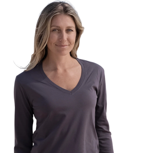 T-shirt à manches longues pour femme, col en V, violet délavé, 100% coton biologique de luxe, pré-rétréci, certifié GOTS, coupe classique, doux et premium - Product Image 6