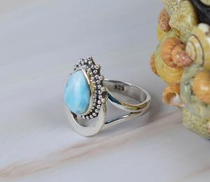 Promesa anillo sólido estilo bohemio Larimar piedra preciosa 925 plata esterlina anillo hecho a mano joyería plata esterlina 925 sello anillo joyería - Product Image 2