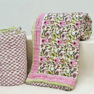 Manta Floral Jaipuri, edredón Floral Kantha de algodón con estampado de bloque de mano indio, tamaño King, hecho a mano Reversible - Product Image 1