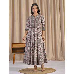 Robe Anarkali ethnique gris-vert en coton imprimé à la main, style Salwar Sari indien pour occasions spéciales, modèle Fancy - Product Image 3