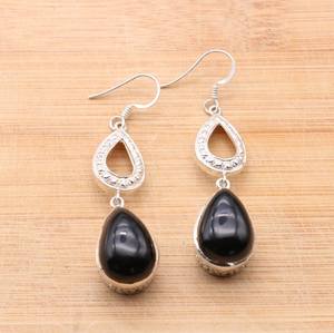 Boucles d'oreilles pendantes en argent sterling avec onyx noir en forme de poire, pierre précieuse naturelle, bijoux élégants, cadeaux pour femmes - Product Image 1