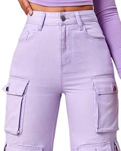 Pantalon cargo large en denim lavande pour femme, taille haute, avec plusieurs poches, style streetwear décontracté, fournisseur OEM - Product Image 4