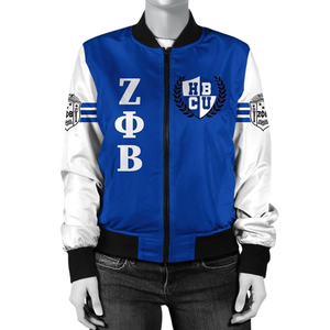 Chaqueta Bomber de Satén para Mujer de la Hermandad Zeta Phi Beta, Premium 1920, Azul y Blanco, Ropa Griega, Bordado con el Escudo de ZPB, Transpirable, Estilo Universitario - Product Image 1