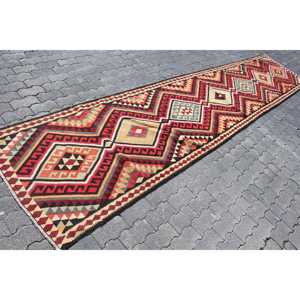 3.2x15.3 ft Rug, Turkish Vintage <b>Runner</b> Rug, <b>Red</b> Kilim Wool Rug - Product Image 3