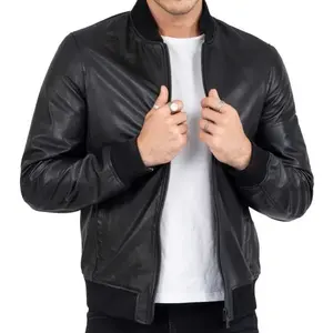 편안한 가죽 블랙 폭격기 재킷 남성용 일반 바디 맞춤 양피 가죽 바이커 자켓 올 시즌 재킷에 적합
