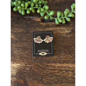 Navajo Made Post <b>Earrings</b> Mediterranean Coral & Sterling <b>Silver</b> Geometric Stud Design with Bezel Setting - Product Image 1