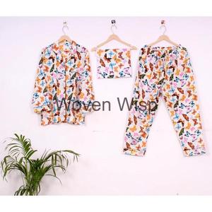 Conjunto de pijama de algodón con estampado floral de mariposa suministrado por ODM, cintura elástica, manga larga, talla grande, tejido a cuadros para el hogar, invierno, verano - Product Image 1