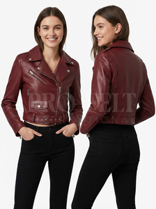 Hot Sale Women Genuine Leather Biker Jacket Cropped Belted Waist Asymmetrical Zipper Slim Fit Fashion Motorcycle Outer Jackets - Product Image 6