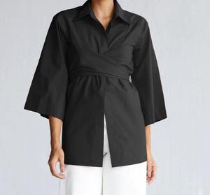 Melanie Slim Fit Wrap Shirt 100% Linen Black Mini Dress with Bell Sleeves and Waist-<b>Tie</b> Straps-Claire Mini Shirt Dress - Product Image 3