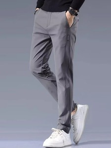 กางเกงลำลองผู้ชายสีเทาอ่อนสำหรับธุรกิจสายรัดเอวกึ่งยืดหยุ่นไนลอนผ้าไอซ์ซิลค์ยืดตรงท่อแบนราบสำหรับฤดูร้อน - Product Image 1