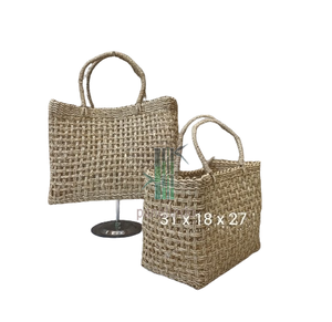 Sac à provisions pliable en jonc de mer naturel écologique et durable Motif de lettres à la mode - Product Image 1