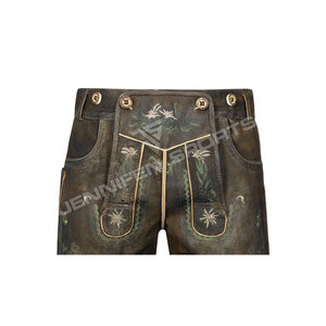 Venta al por mayor de invierno Vintage para hombre Lederhosen tirantes cortos de cuero de vaca genuino bordado frontal botones bolsillos de cierre - Product Image 3